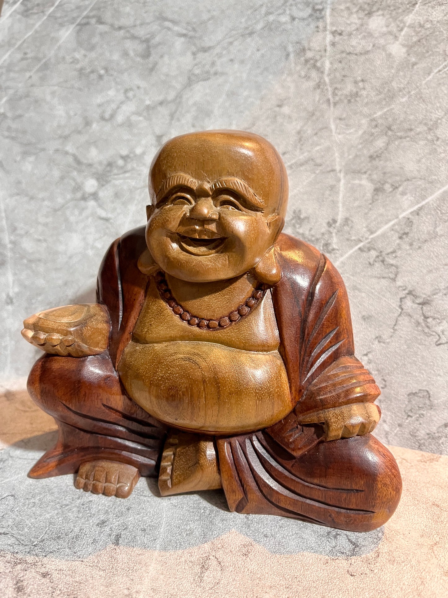 Wooden Happy Buddha Monk Sculpture – Hand-Carved Statue, handmade, gift, housewarming, home decor.