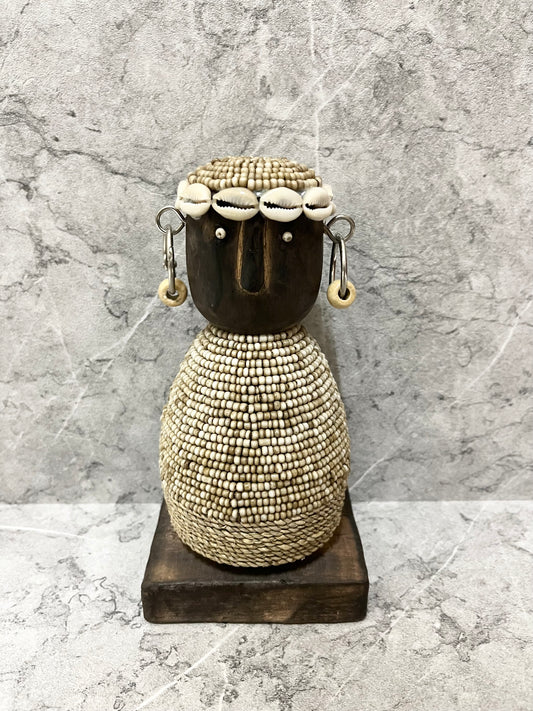 Wooden Timor Tribal Wood Figure with Sea Shell Beads