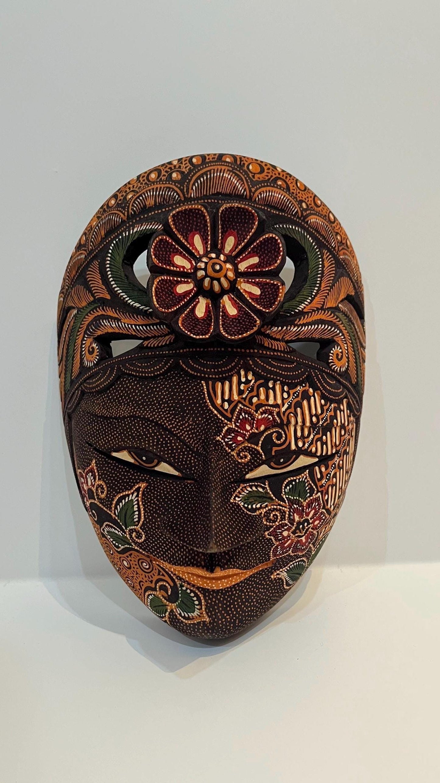balinese carved batik flower mask handmade, gift, housewarming, wall decoration, home decor, villa decor.