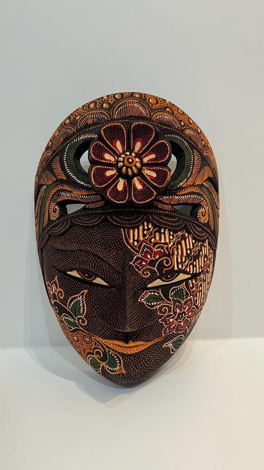 balinese carved batik flower mask handmade, gift, housewarming, wall decoration, home decor, villa decor.