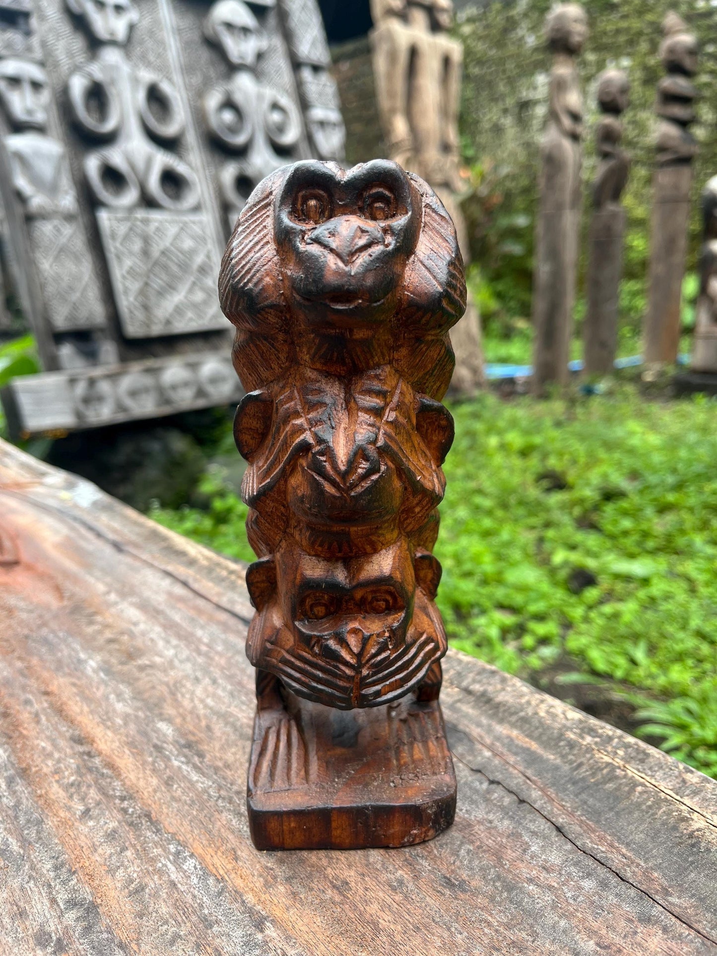 Hand-Carved Wooden Monkey Trio Statue: Balinese Wisdom Decor