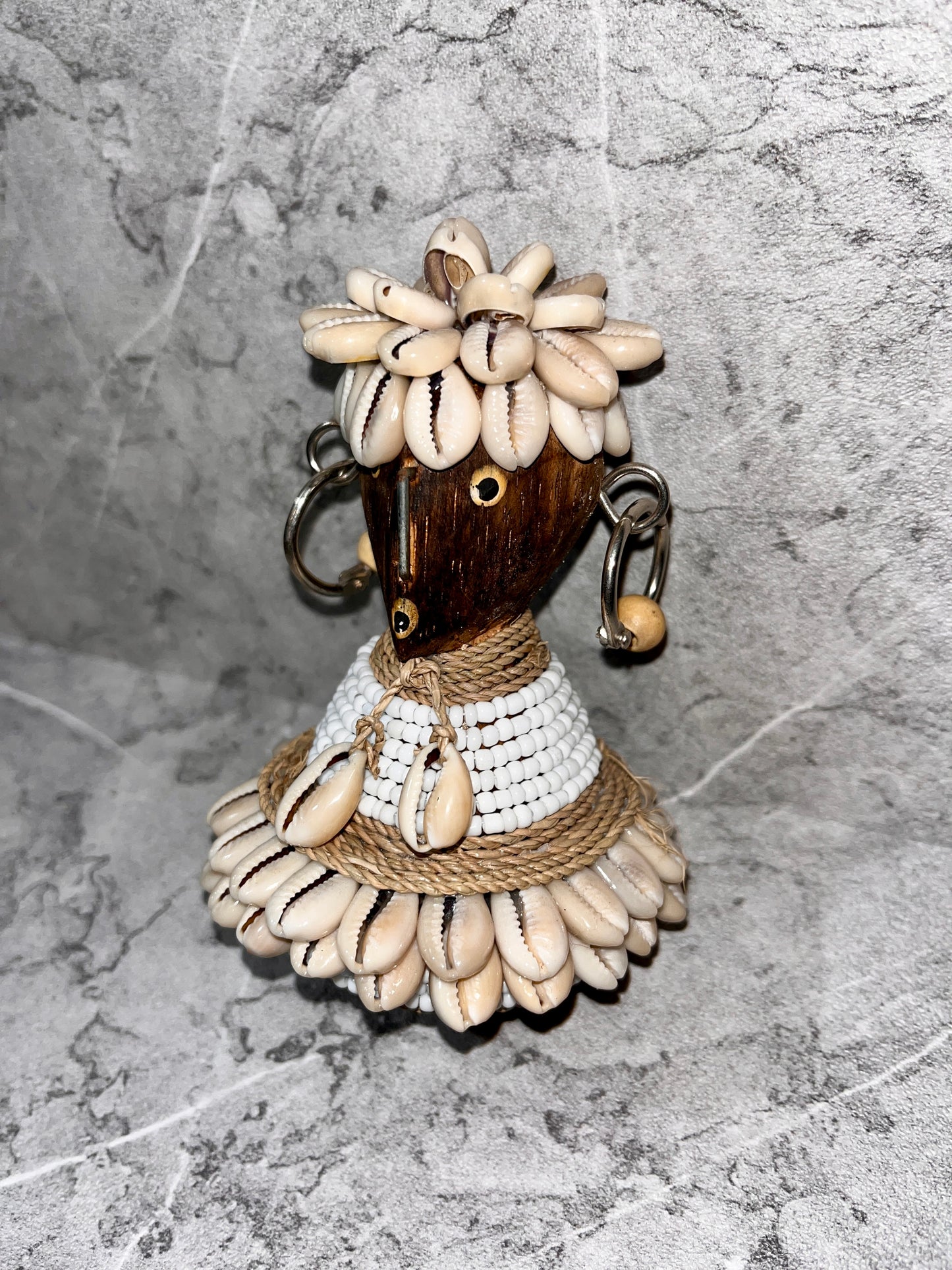 Wooden Sumba Statue – Tribal Seashell Figure | Handcrafted Island Art Decoration