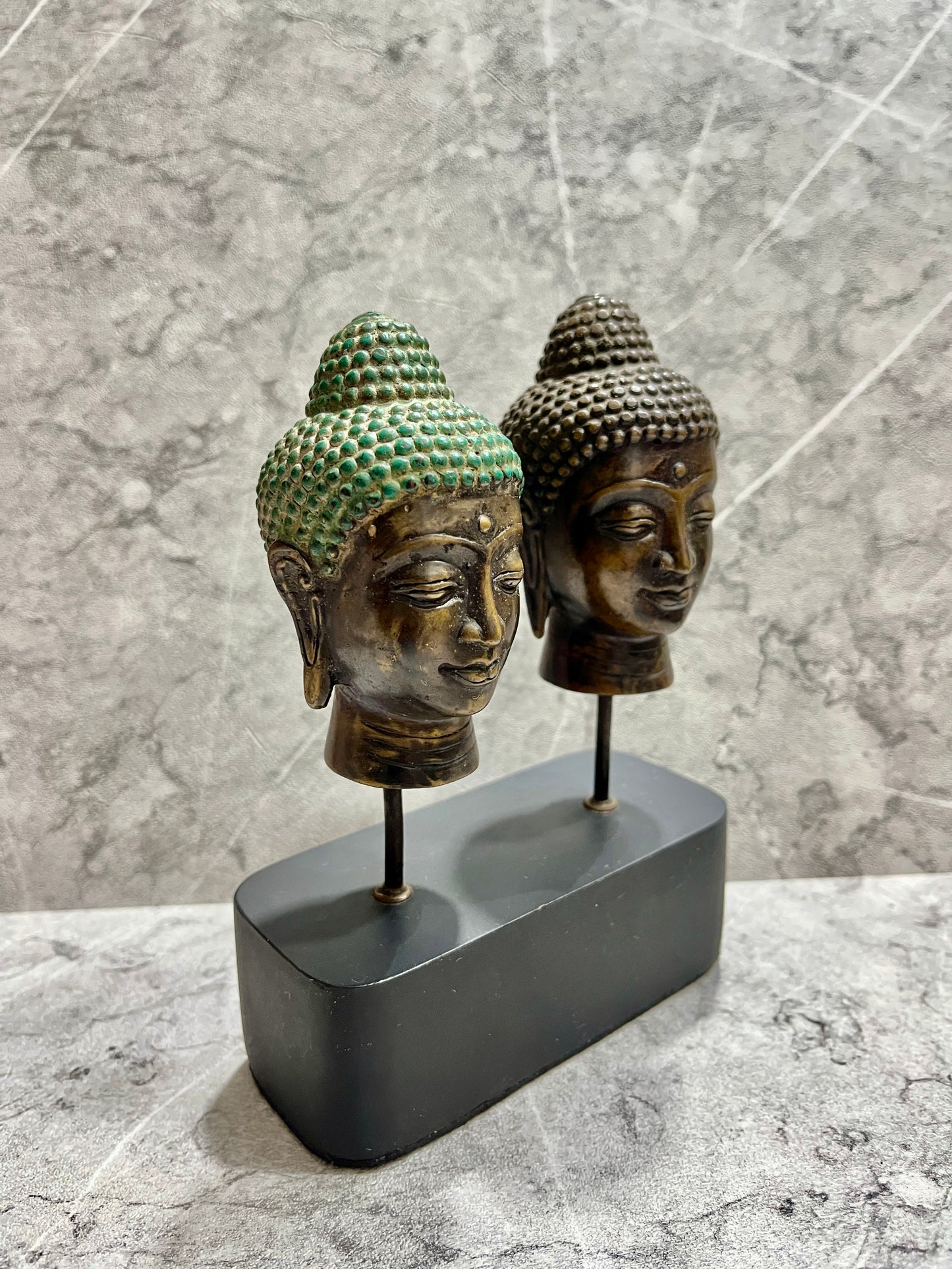 Bronze Two-Head Buddha Sculpture on Iron Stand: Dual Wisdom Decor