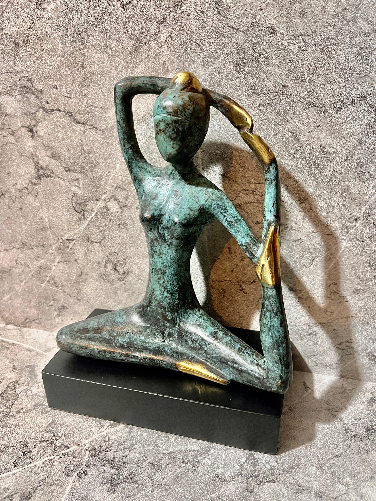 Bronze Woman Yoga Sculpture on Iron Stand – Handcrafted Balinese Art Figure Decoration