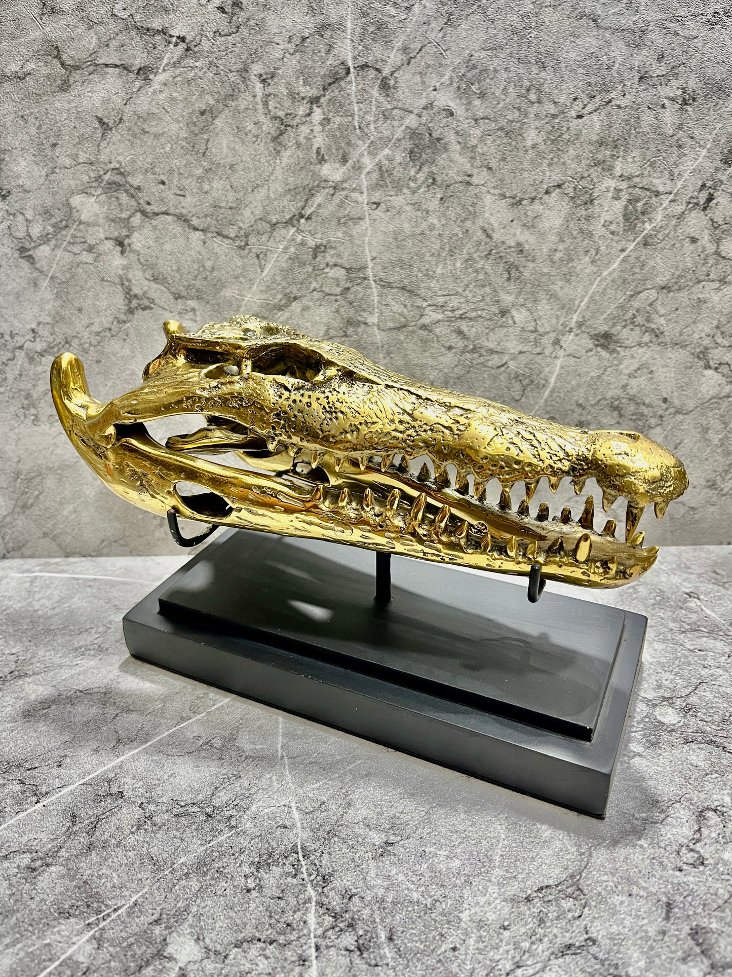 Golden Bronze Crocodile Skull Sculpture on Iron Stand - Balinese Tribal Decor