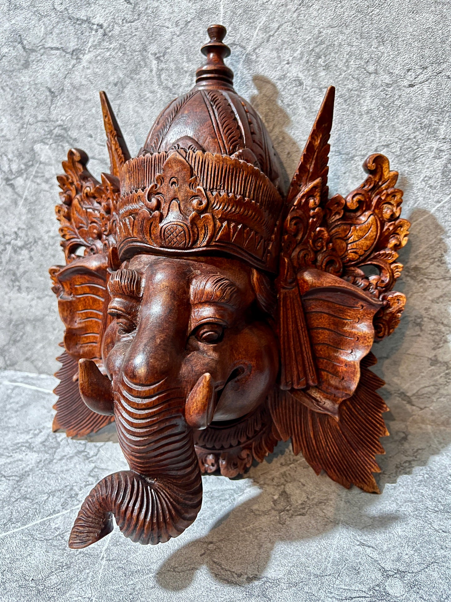 Wooden Balinese Ganesha Mask – Hand-Carved Hindu God Wall Sculpture | Spiritual Elephant-Headed Deity Home Decor