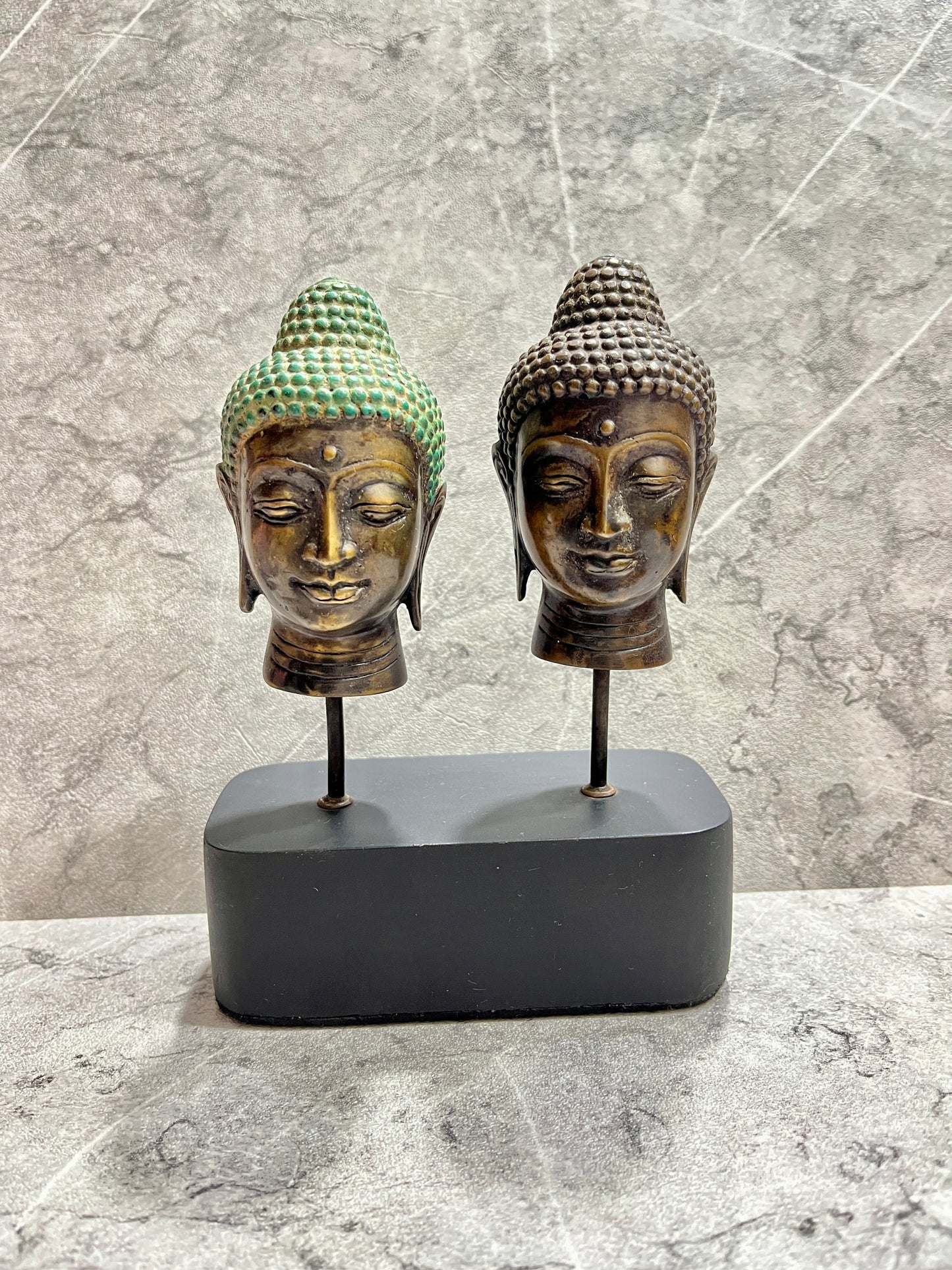 Bronze Two-Head Buddha Sculpture on Iron Stand: Dual Wisdom Decor
