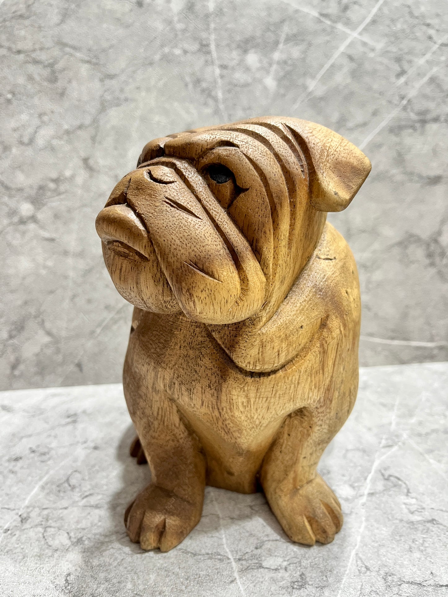 Hand-Carved Wooden Pitbull Sculpture: Rustic Canine Art Decor