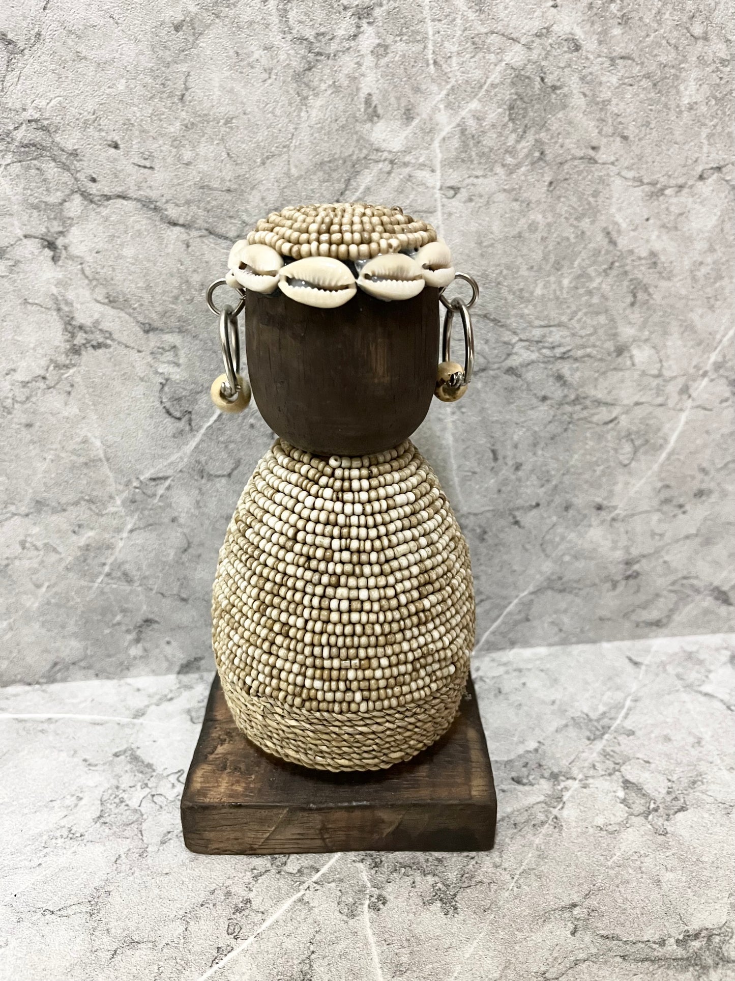 Wooden Timor Tribal Wood Figure with Sea Shell Beads