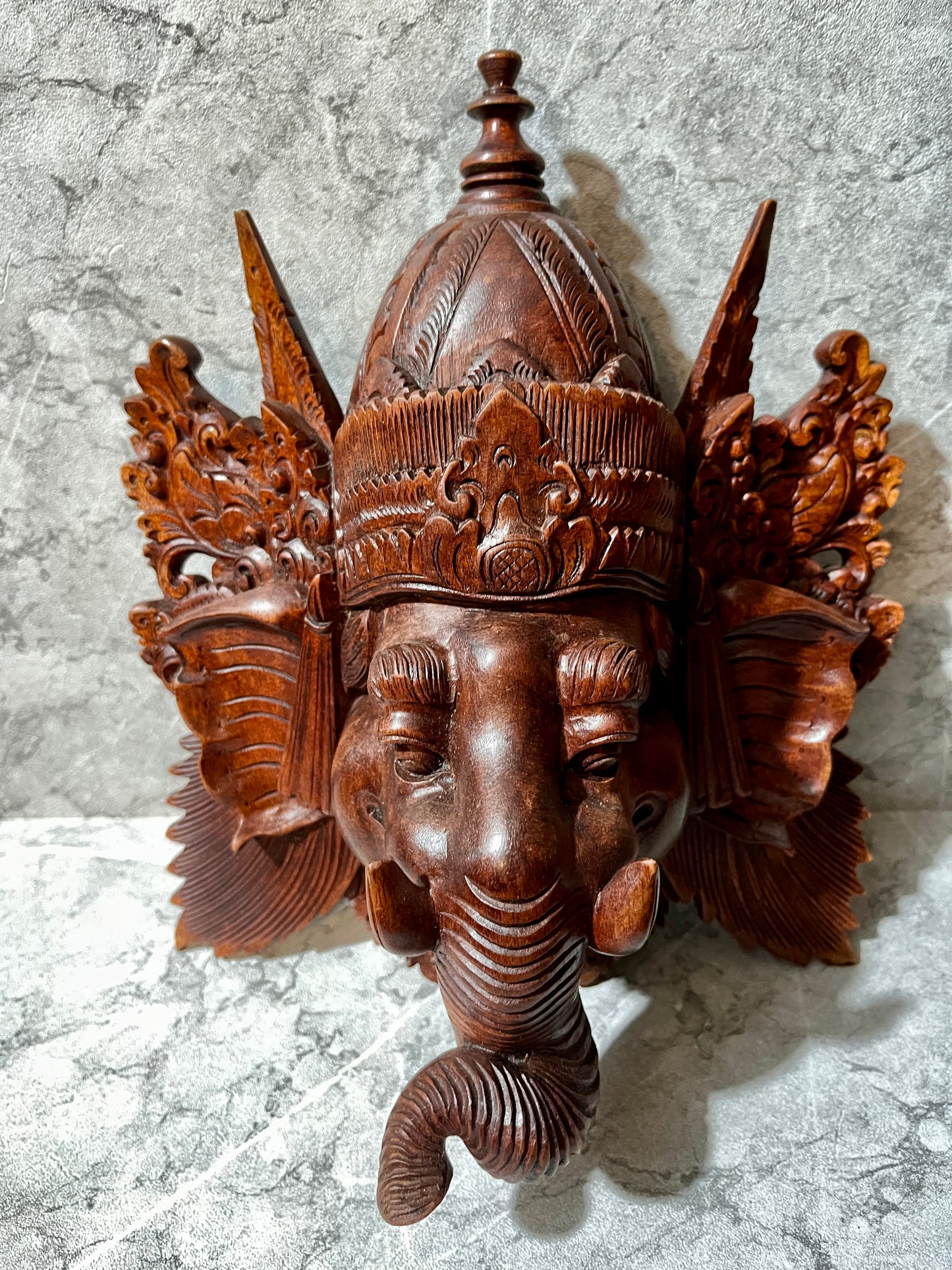 Wooden Balinese Ganesha Mask – Hand-Carved Hindu God Wall Sculpture | Spiritual Elephant-Headed Deity Home Decor