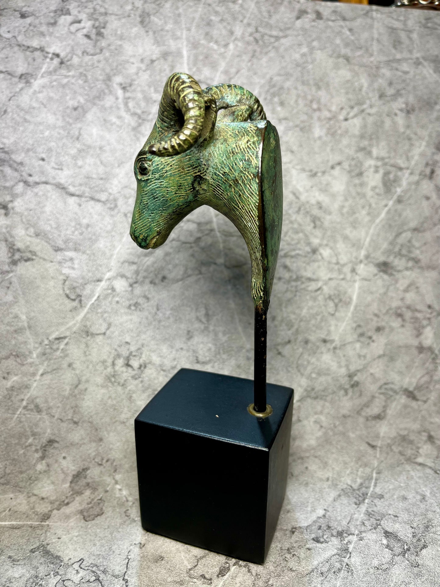 Bronze Goat Head Sculpture on Iron Stand - Balinese Artisan Decor