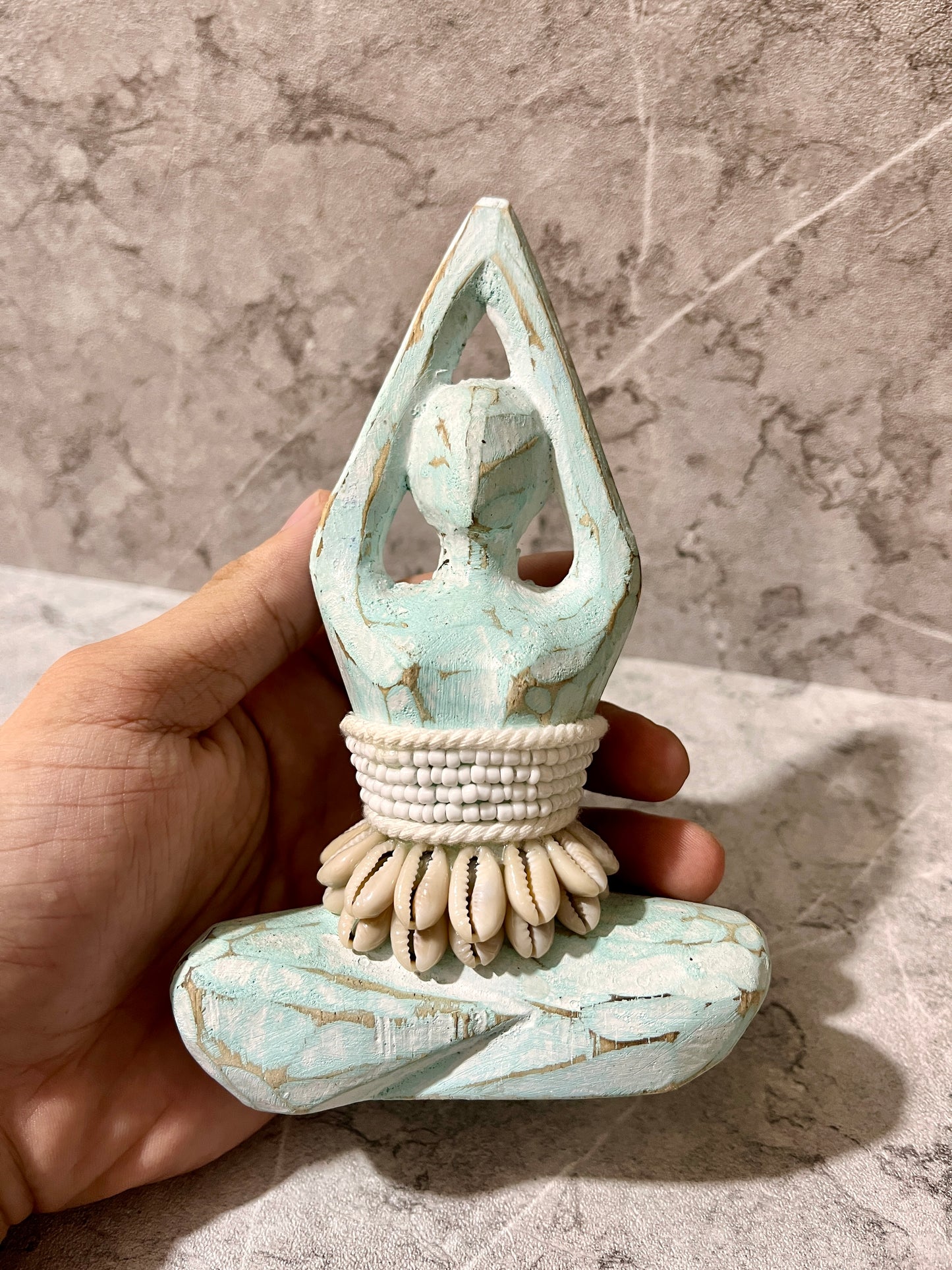 Abstract Wooden Yoga Woman Sculpture – Hand-Carved Figure with Beaded Seashells | Balinese Mindfulness Décor