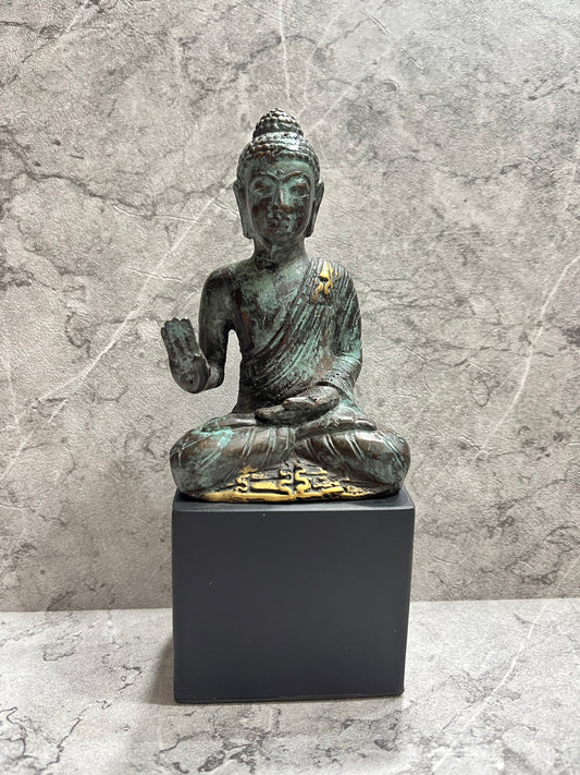 Handcrafted Bronze Buddha Statue on Iron Stand - Balinese Altar Decor