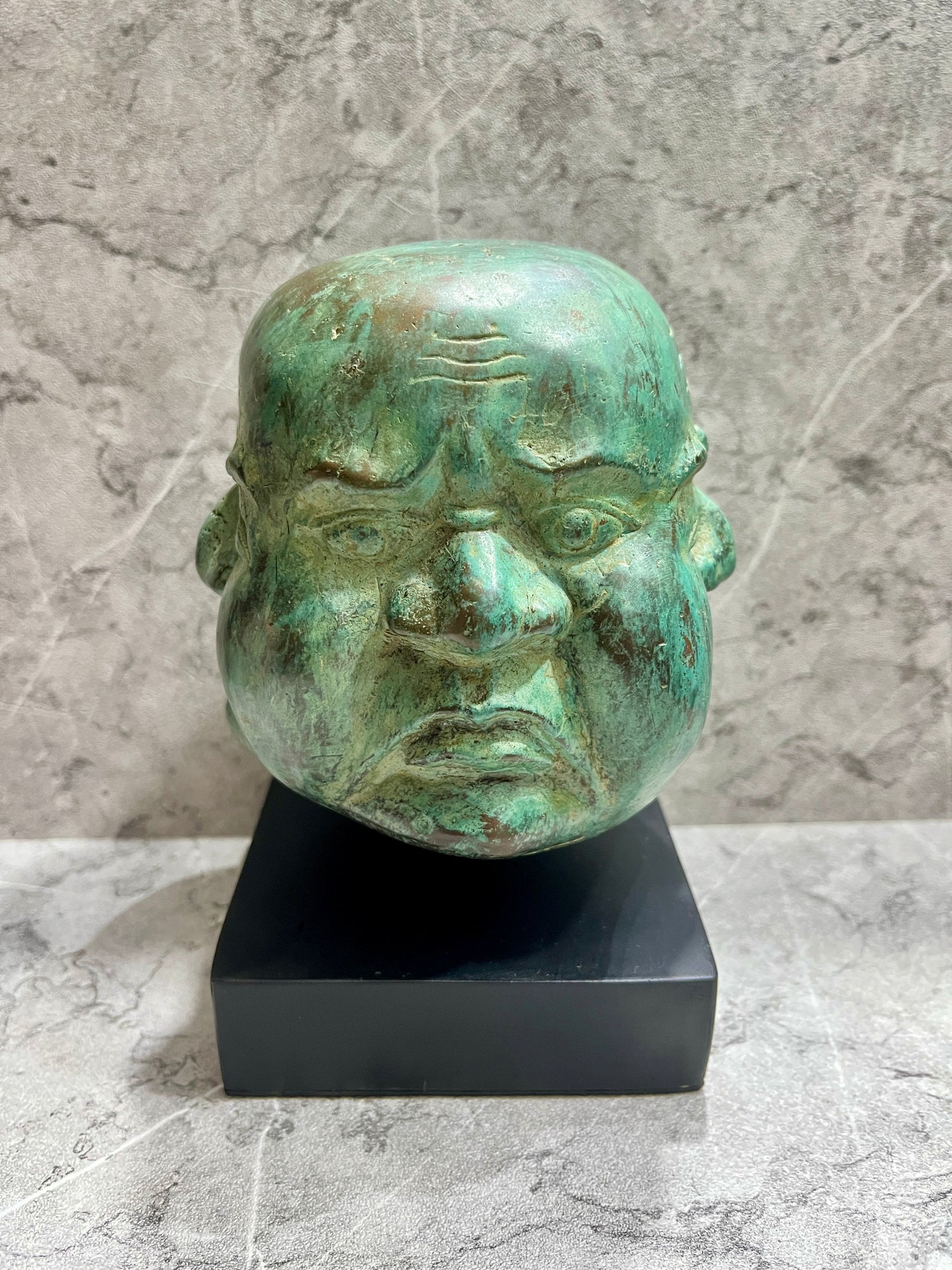 Handcrafted Bronze Monk Heads Sculpture: Balinese Spiritual Decor on Iron Stand