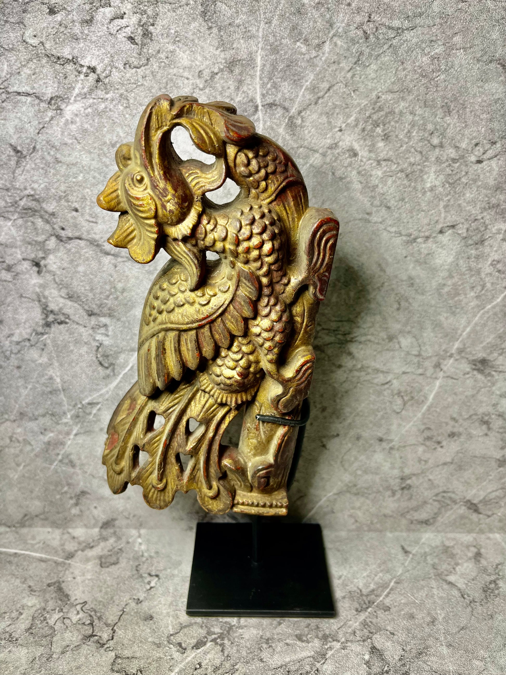 Wooden Bird Carving on Iron Stand – Balinese Handcrafted Decor