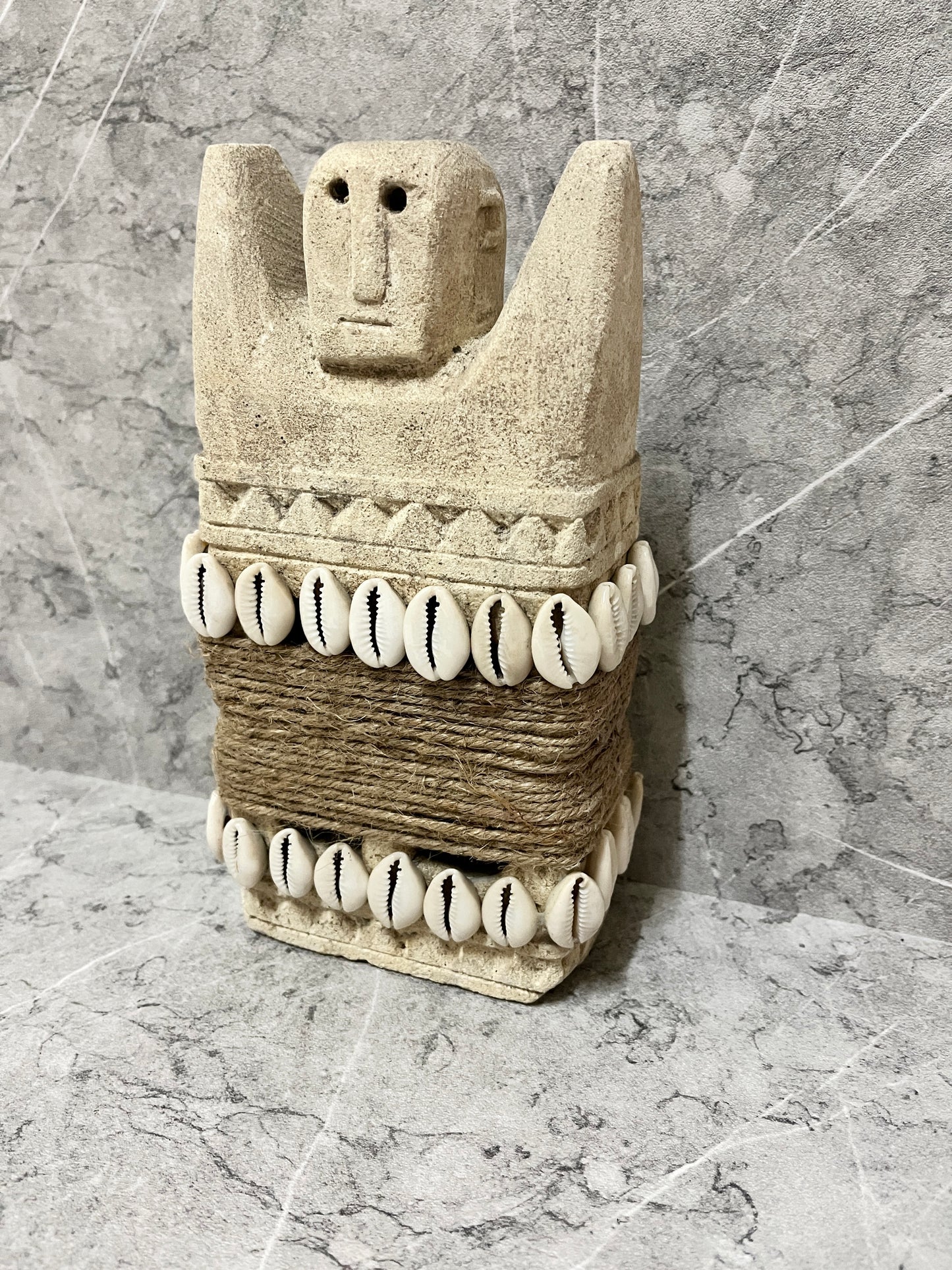 Handcarved Limestone Timor Tribal Statue: Seashell Island Decor