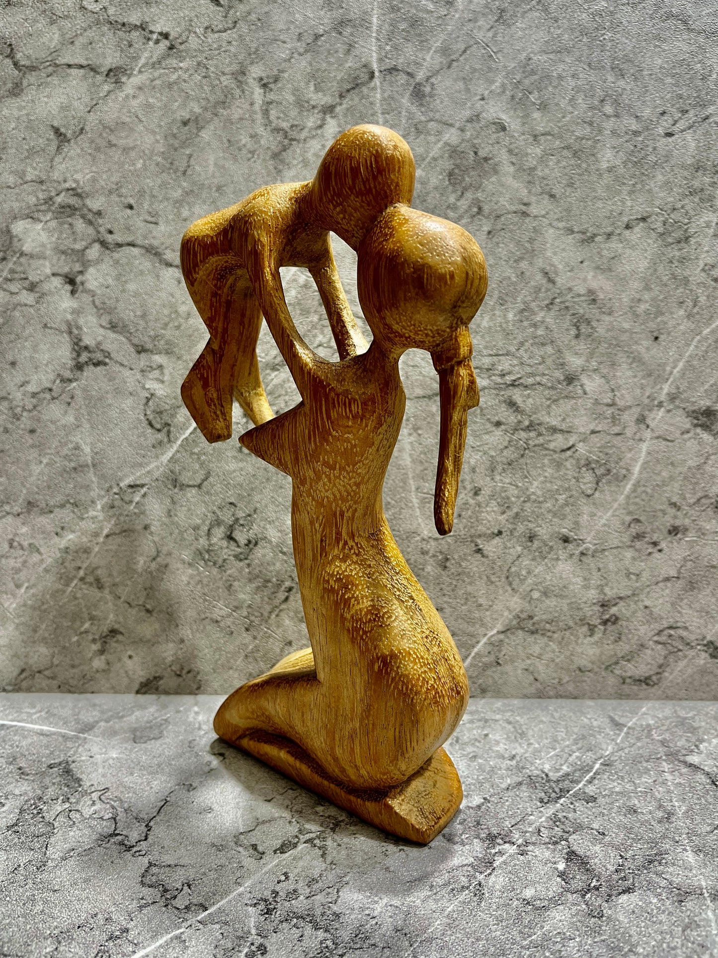 Hand-Carved Wooden Mother and Child Sculpture: Abstract Family Art