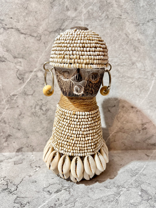 Wooden Sumba Statue – Beaded Tribal Figure with Seashells | Handcrafted Island Art Decoration
