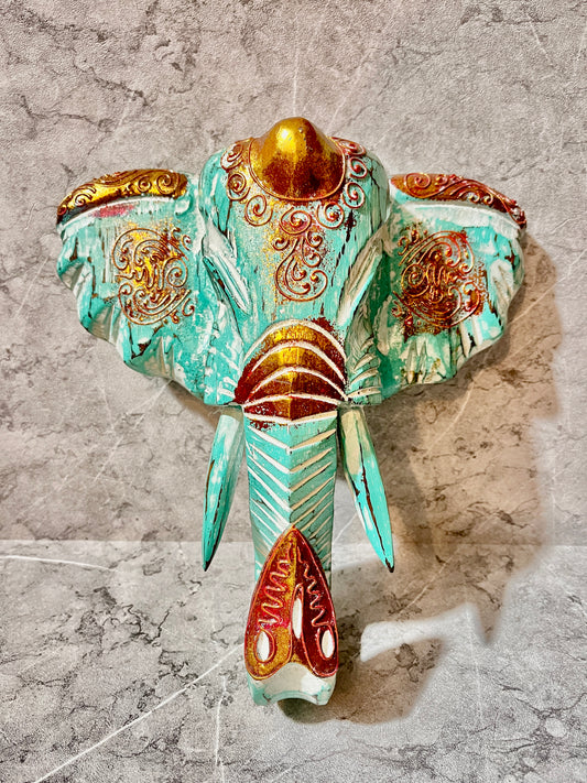 Hand Carved Wooden Elephant Mask: Balinese Wall Art Sculpture