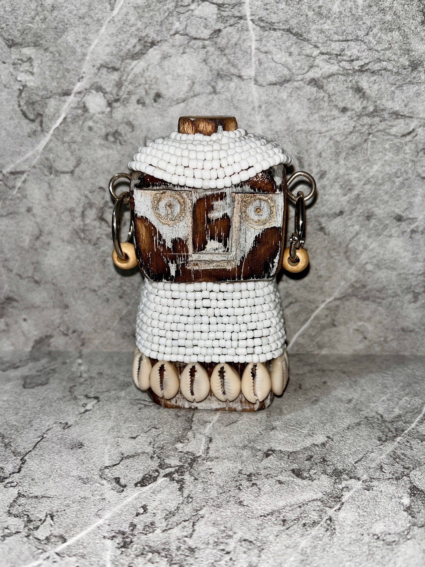 Wooden Timor Statue – Beaded Tribal Figure with Seashells | Handcrafted Ethnic Island Art Decoration