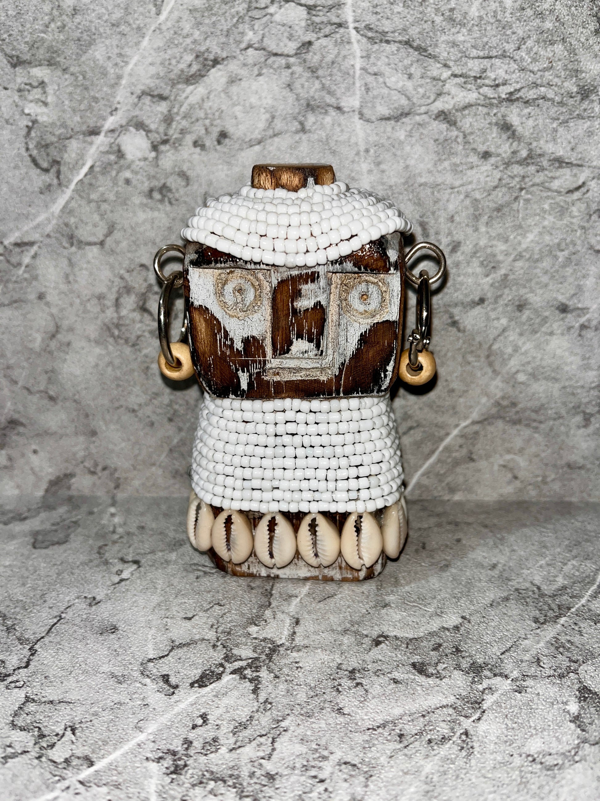 Wooden Timor Statue – Beaded Tribal Figure with Seashells | Handcrafted Ethnic Island Art Decoration