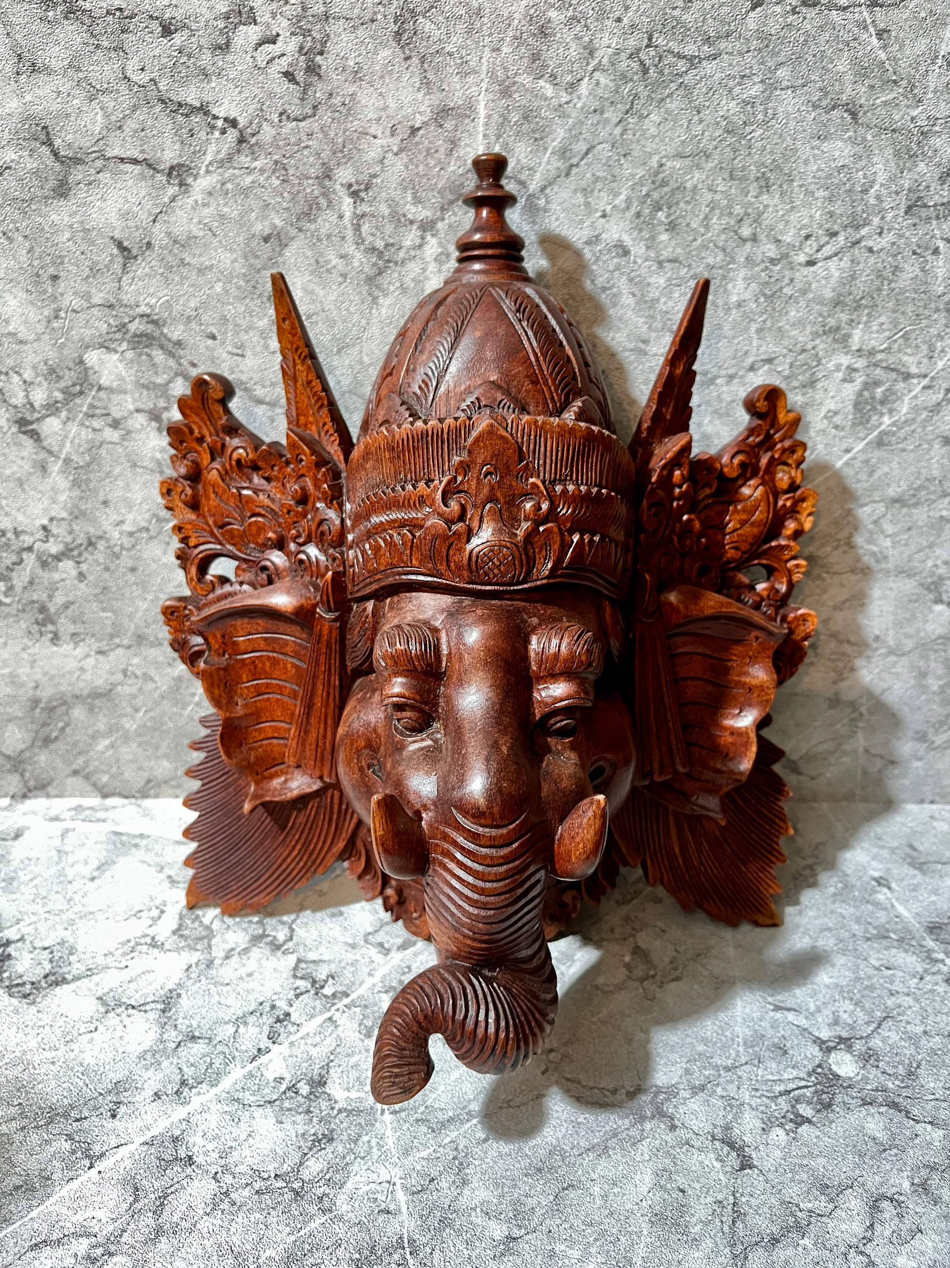 Wooden Balinese Ganesha Mask – Hand-Carved Hindu God Wall Sculpture | Spiritual Elephant-Headed Deity Home Decor