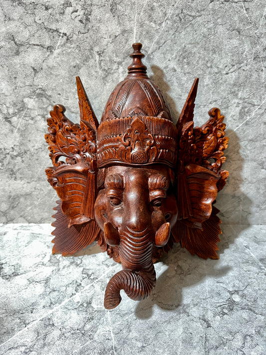 Wooden Balinese Ganesha Mask – Hand-Carved Hindu God Wall Sculpture | Spiritual Elephant-Headed Deity Home Decor