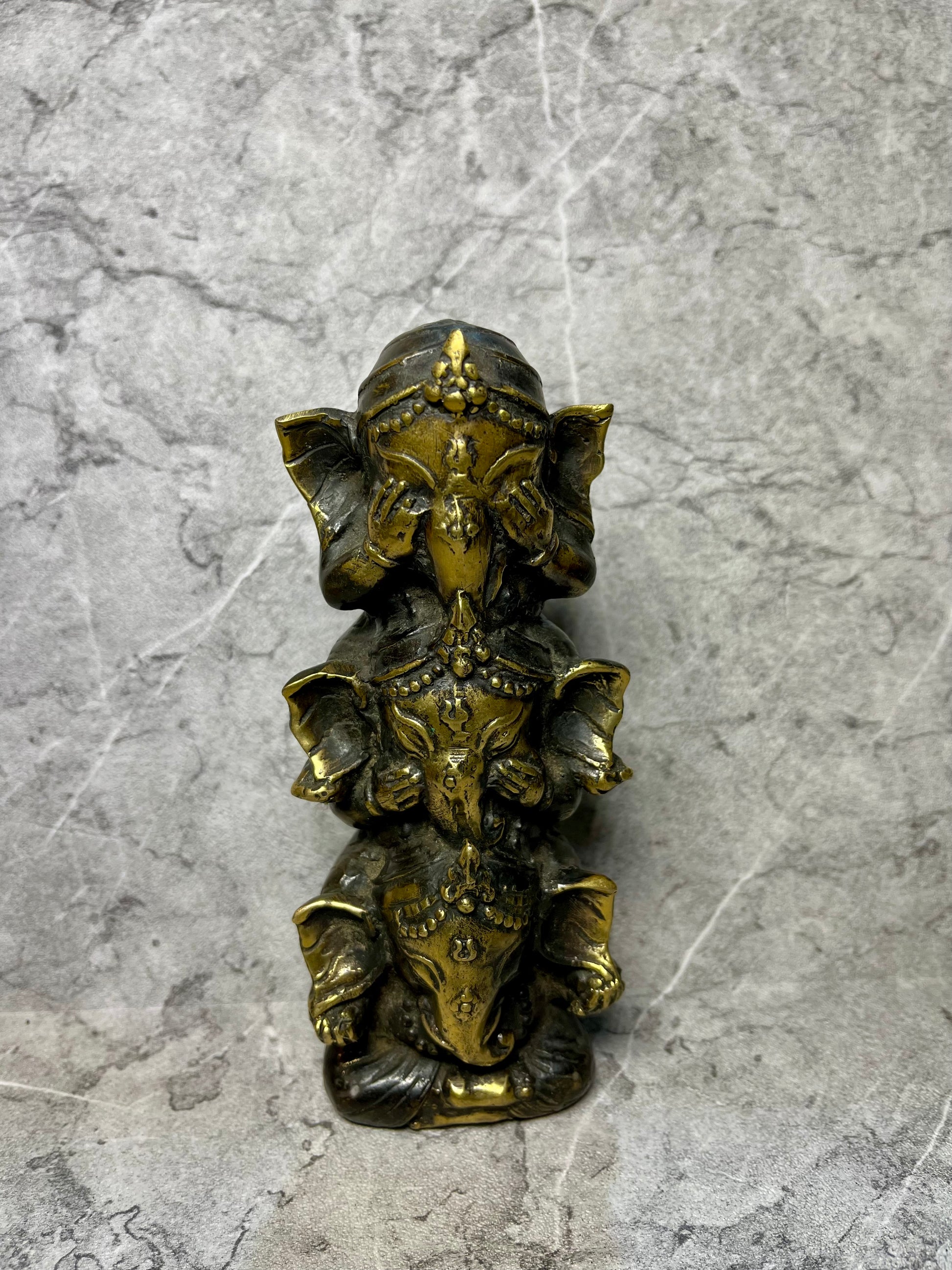 Balinese Bronze Three Ganesha Miniature: Hindu Art Decor