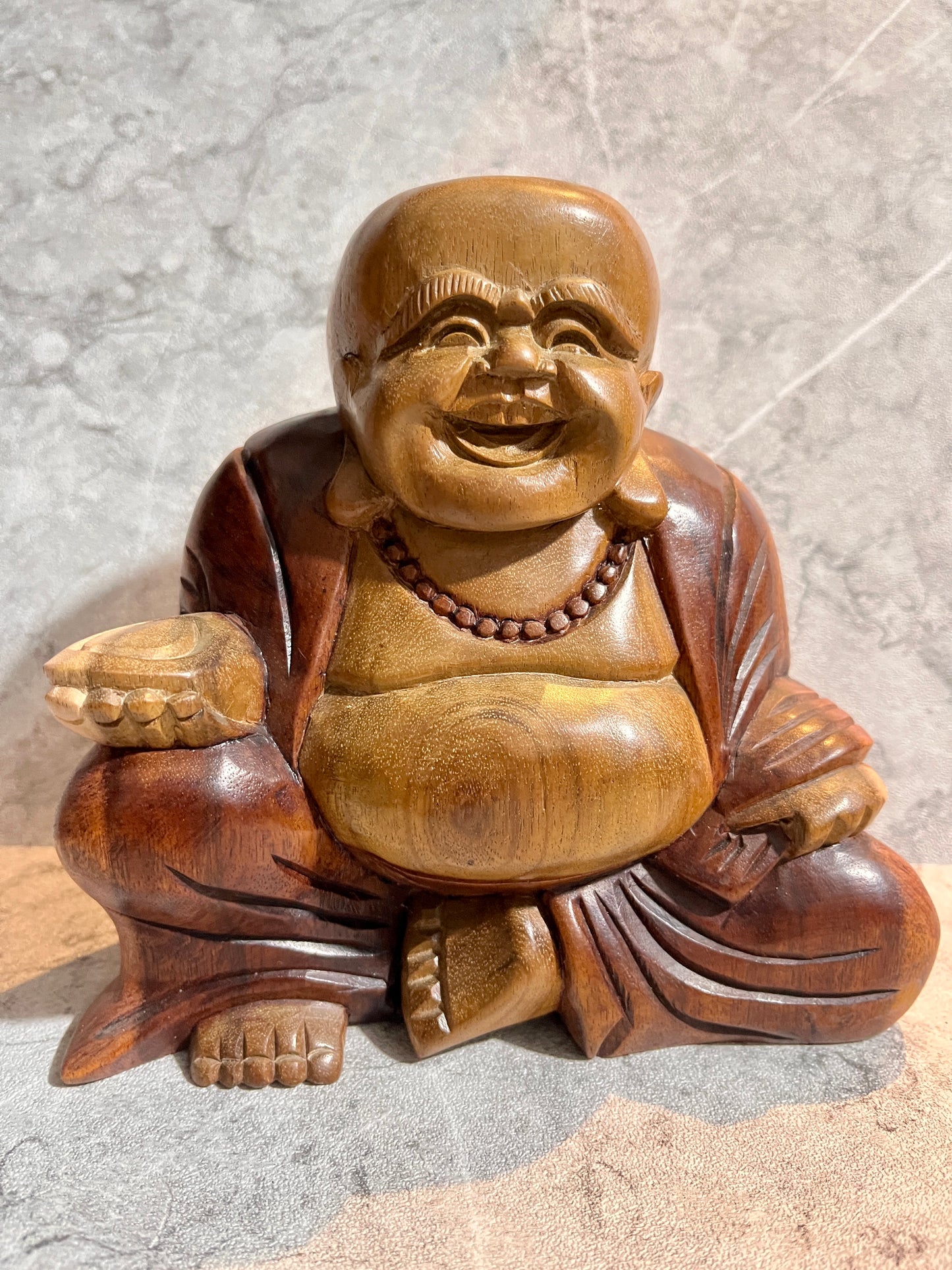 Wooden Happy Buddha Monk Sculpture – Hand-Carved Statue, handmade, gift, housewarming, home decor.