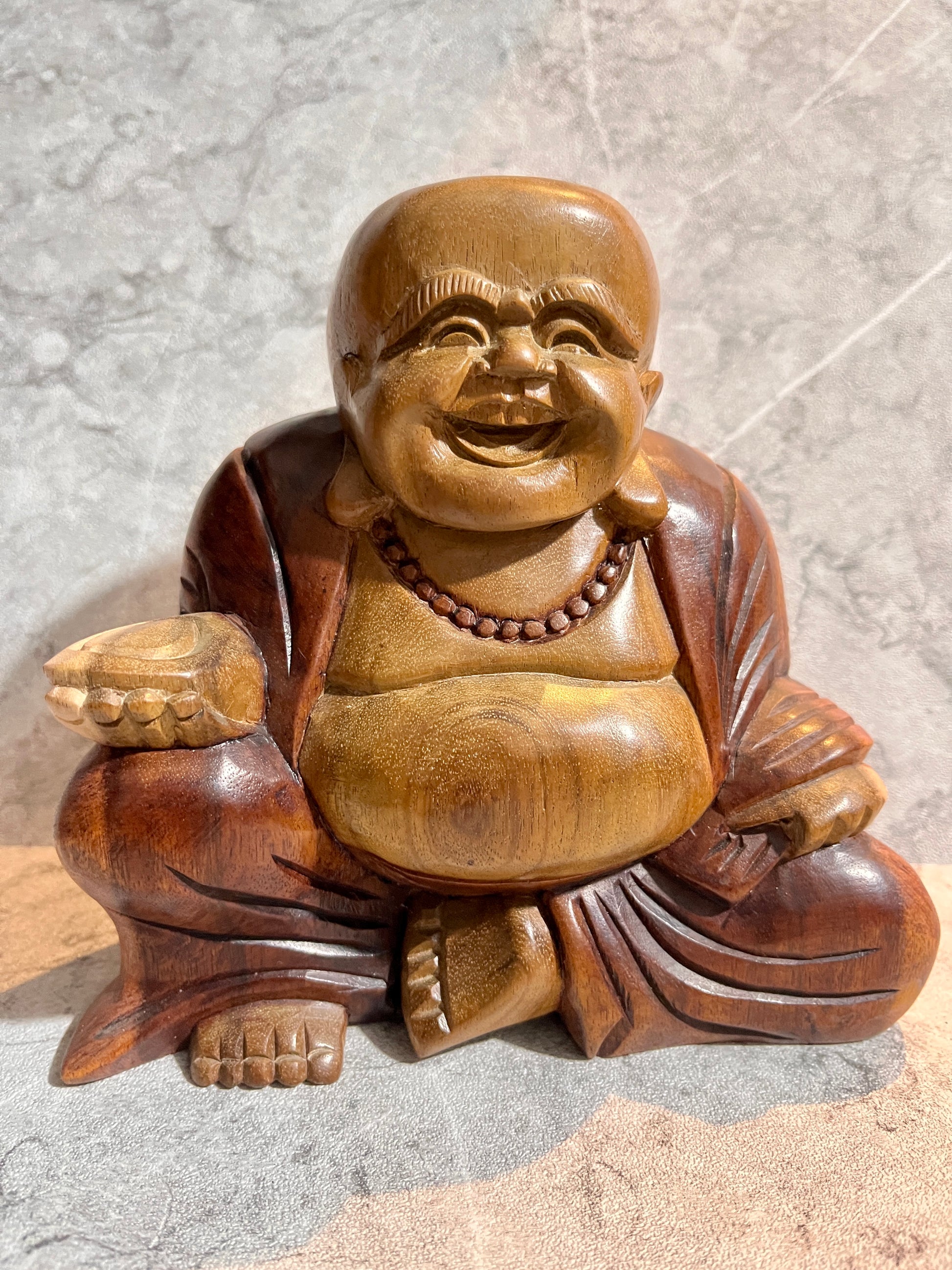 Wooden Happy Buddha Monk Sculpture – Hand-Carved Statue, handmade, gift, housewarming, home decor.