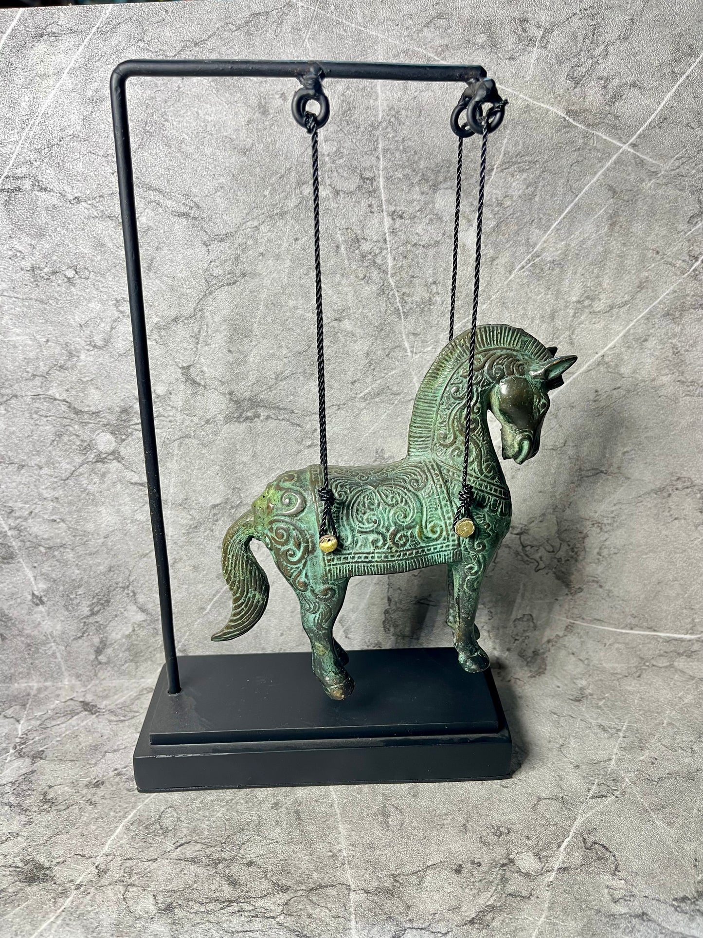 Grace in Motion – Bronze Hanging Horse Figure | Patina Art with Iron Hook