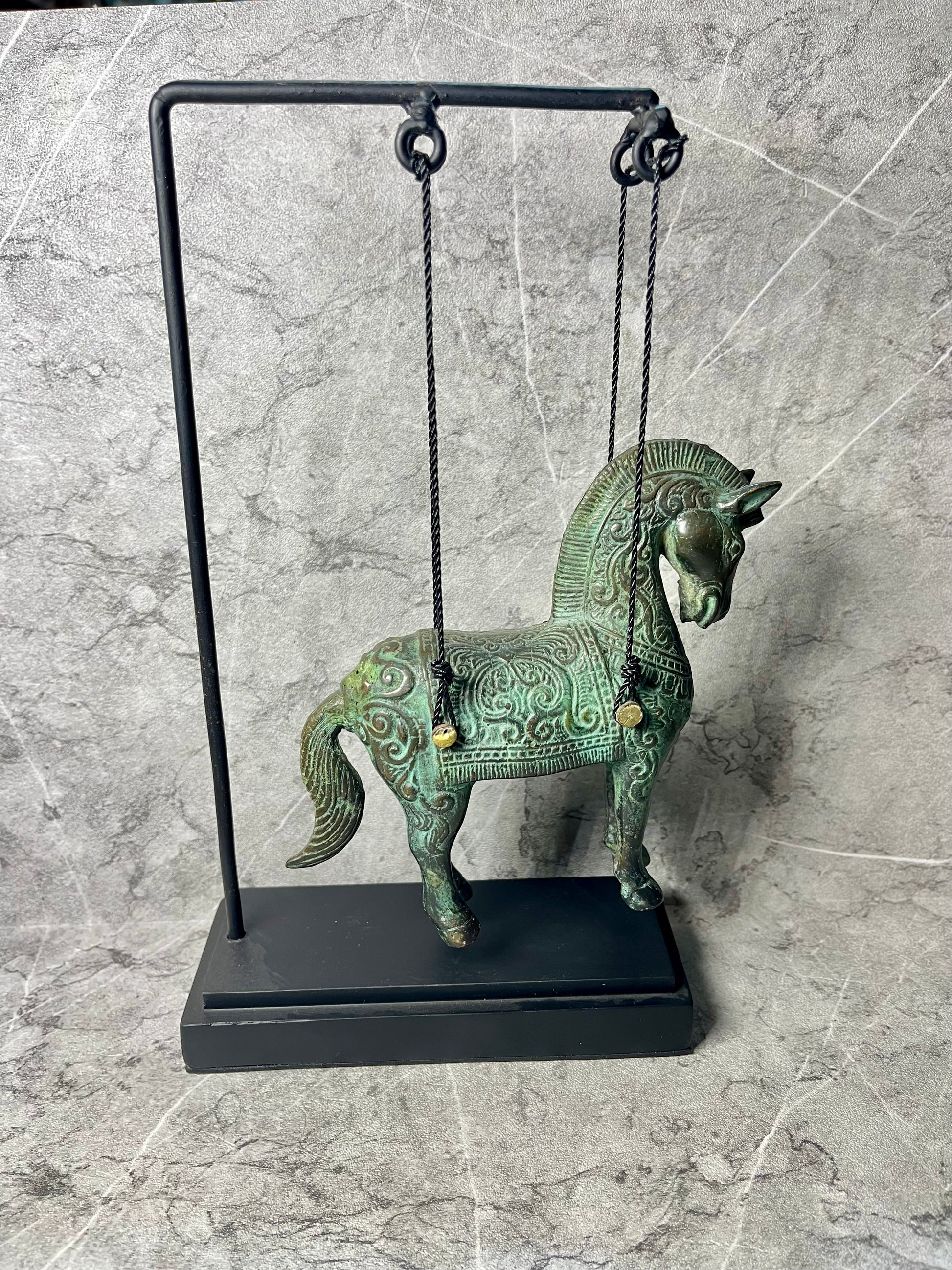 Grace in Motion – Bronze Hanging Horse Figure | Patina Art with Iron Hook
