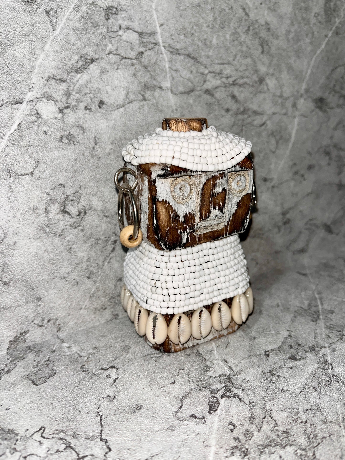 Wooden Timor Statue – Beaded Tribal Figure with Seashells | Handcrafted Ethnic Island Art Decoration