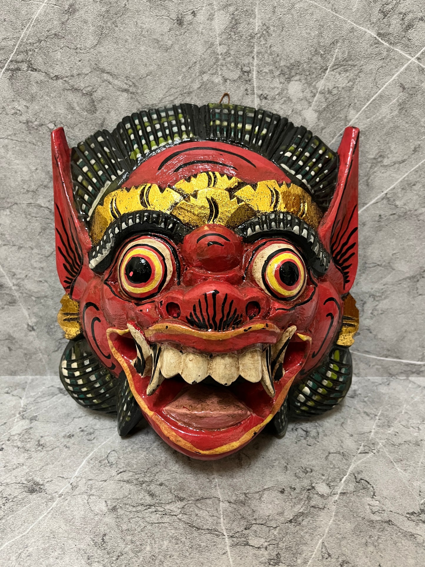 Hand Carved Wooden Barong Mask: Balinese Wall Art Sculpture