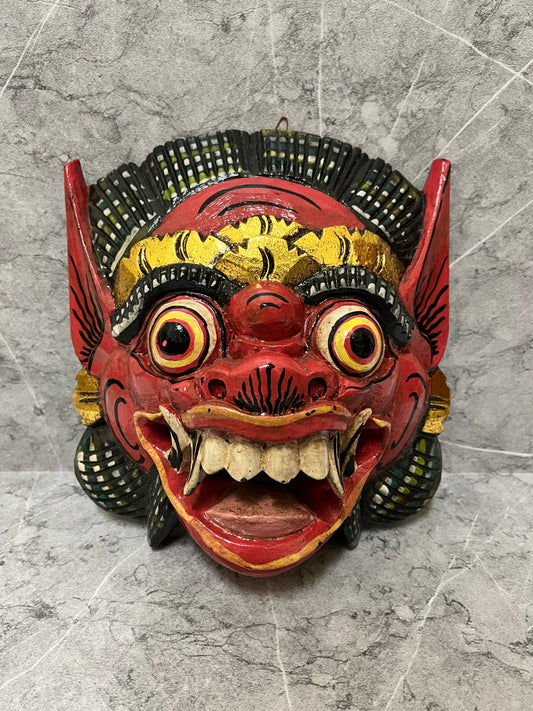 Hand Carved Wooden Barong Mask: Balinese Wall Art Sculpture