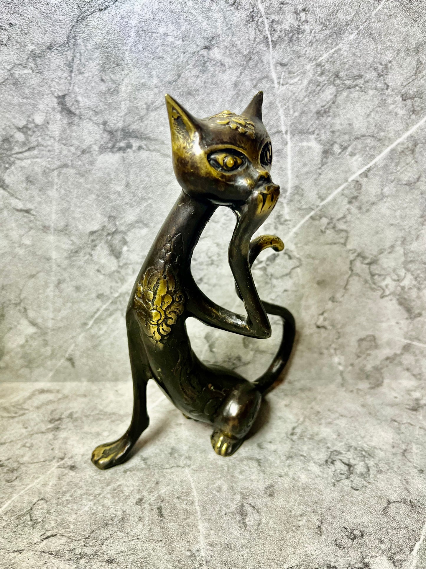 Bronze Cat Sculpture: Abstract Vintage Feline Art, Balinese Handmade
