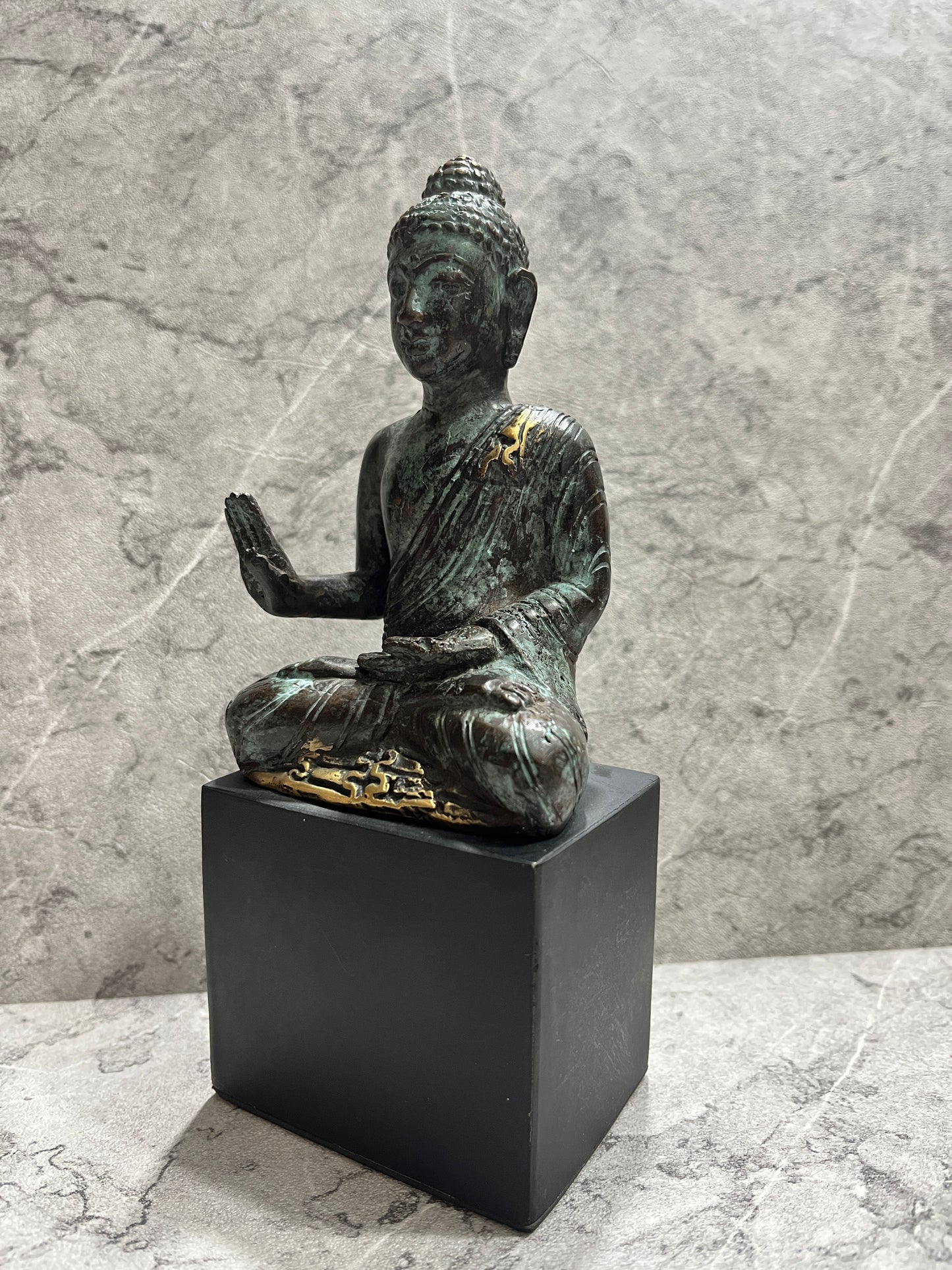 Handcrafted Bronze Buddha Statue on Iron Stand - Balinese Altar Decor