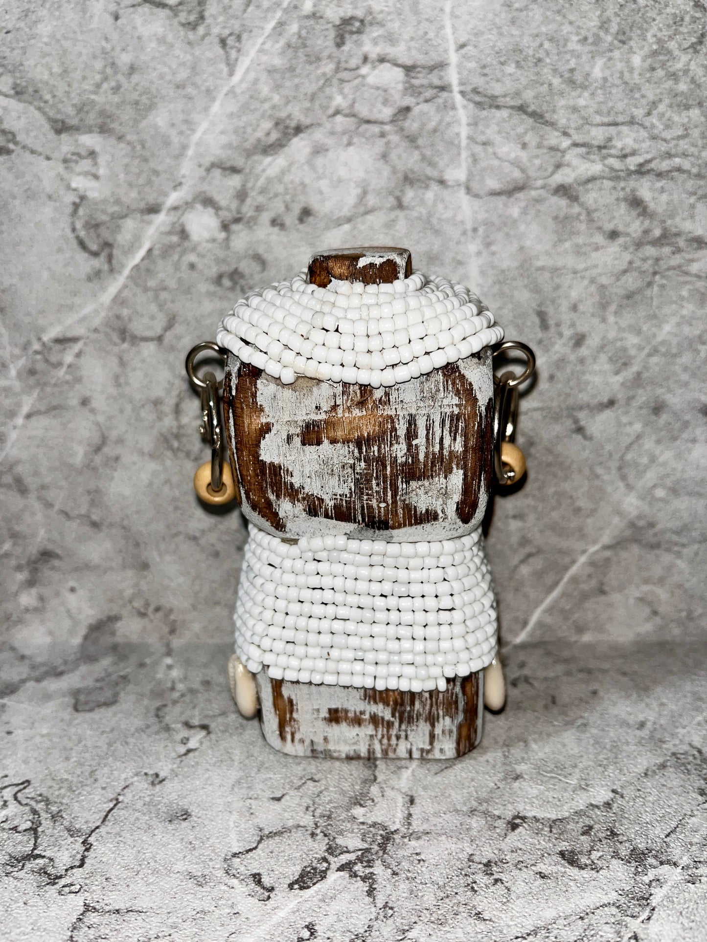 Wooden Timor Statue – Beaded Tribal Figure with Seashells | Handcrafted Ethnic Island Art Decoration