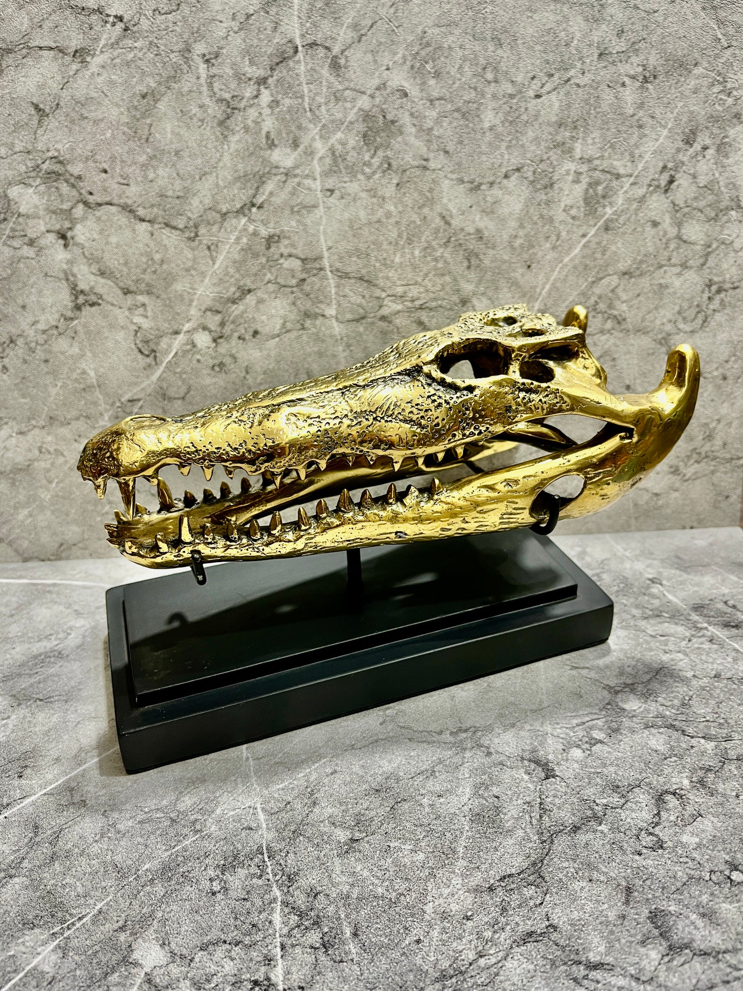 Golden Bronze Crocodile Skull Sculpture on Iron Stand - Balinese Tribal Decor