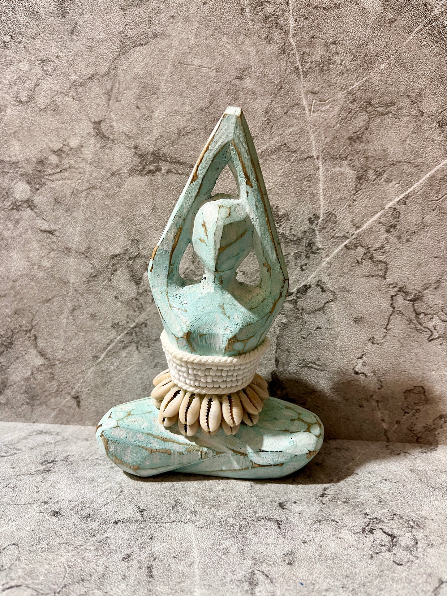 Abstract Wooden Yoga Woman Sculpture – Hand-Carved Figure with Beaded Seashells | Balinese Mindfulness Décor