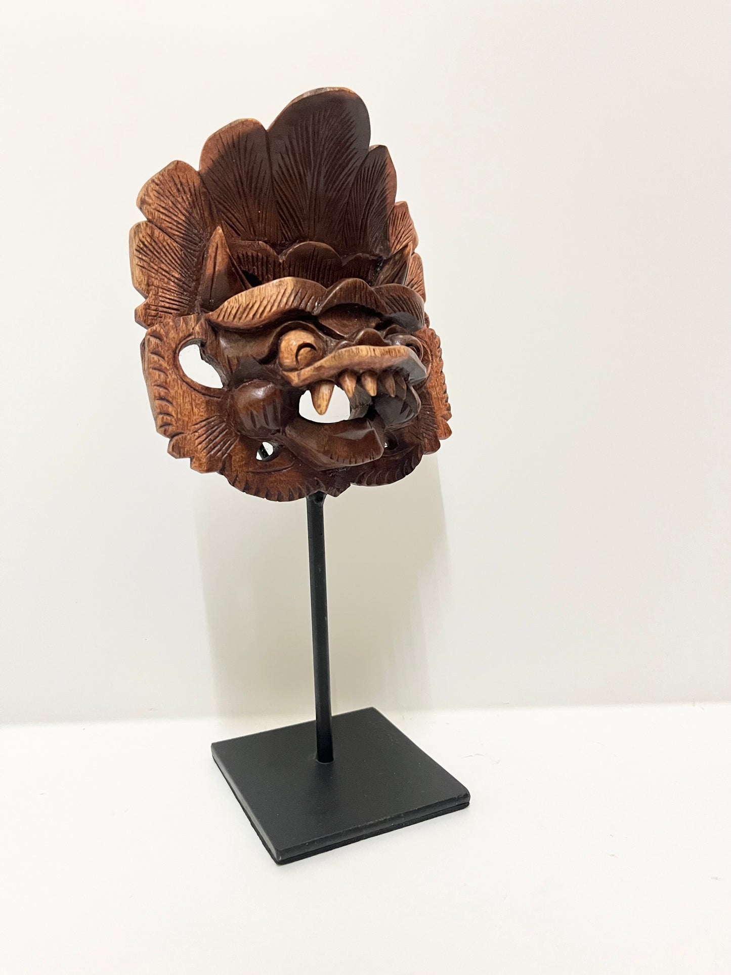 Wooden Barong Mask with Iron Stand – Handcrafted Balinese Guardian Decor (8.7 inches)