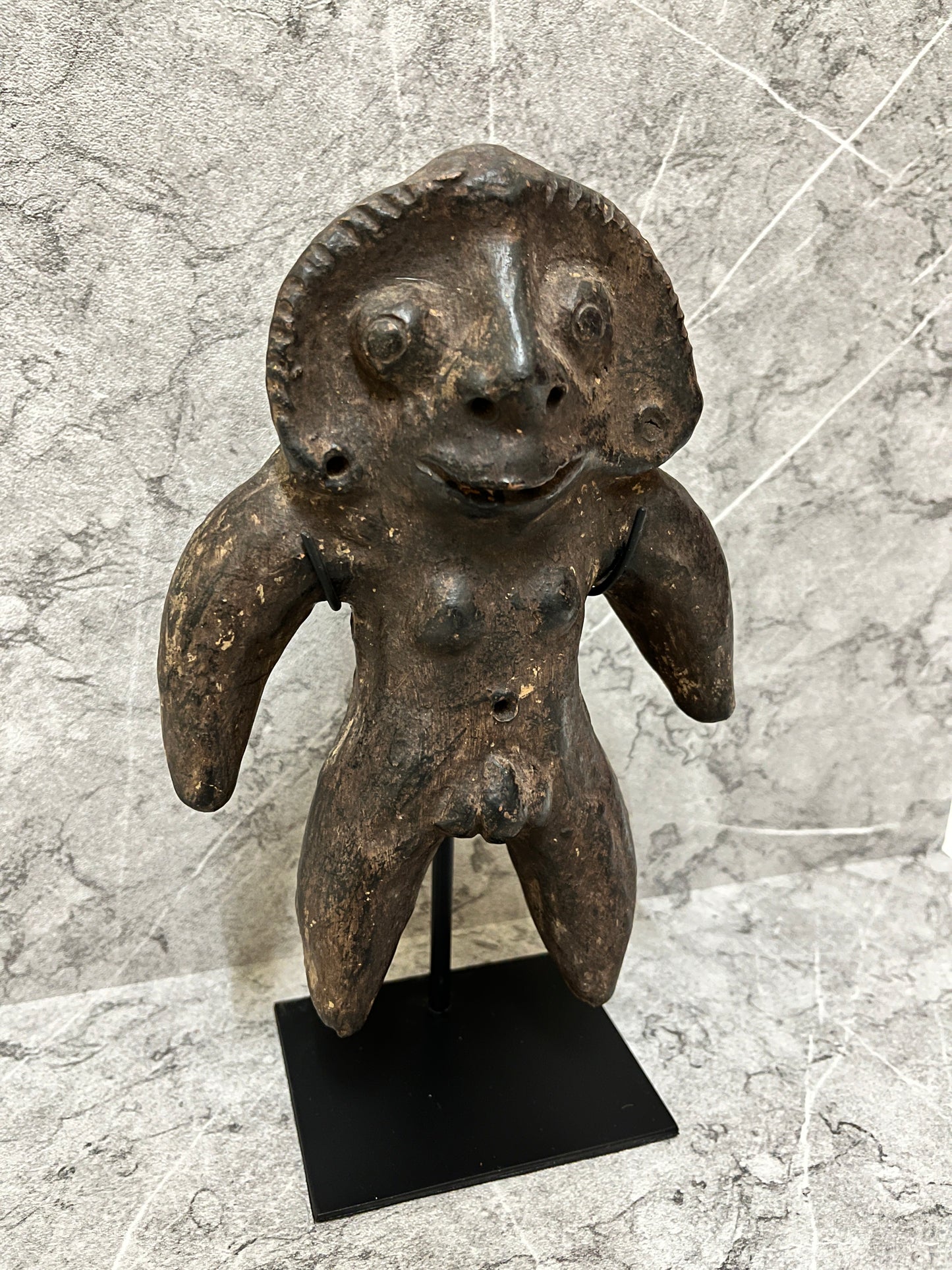 Timor Clay Man Sculpture on Iron Stand: Ethnic Tribal Art