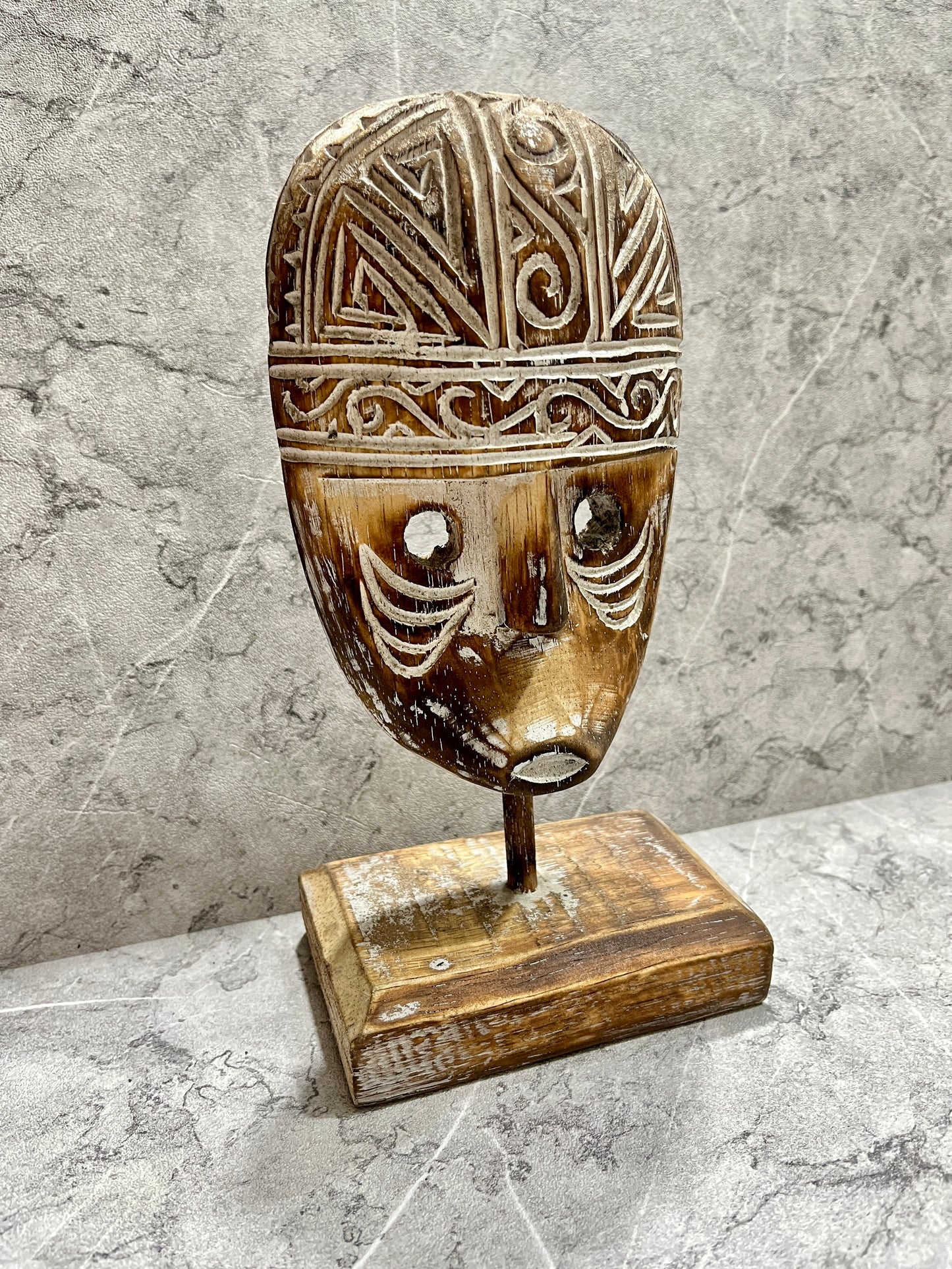 Hand-Carved Timor Mask Sculpture with Stand: Tribal Art Décor