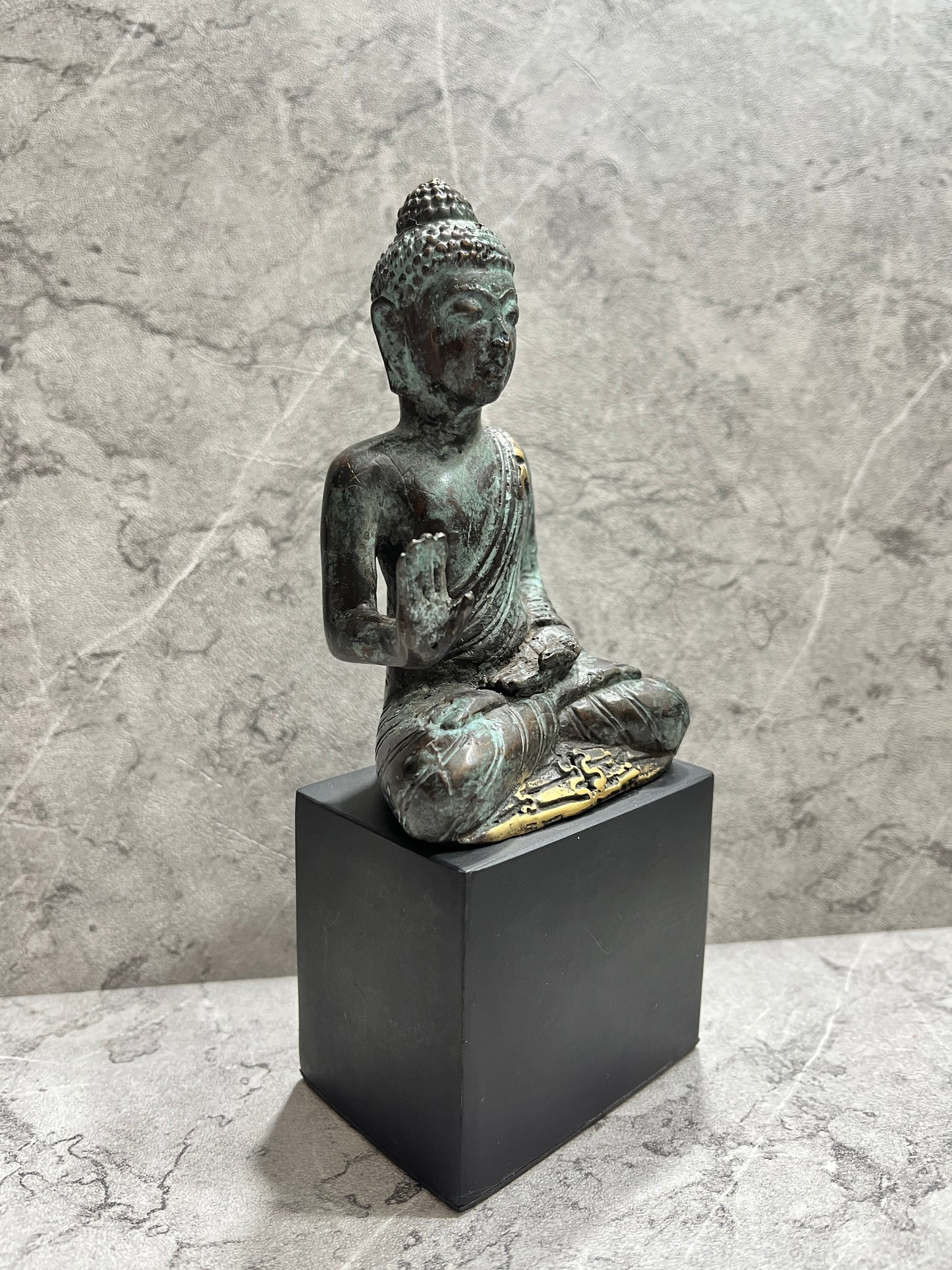 Handcrafted Bronze Buddha Statue on Iron Stand - Balinese Altar Decor