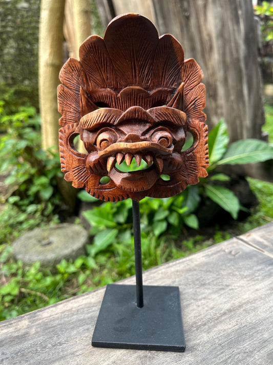 Wooden Barong Mask with Iron Stand – Handcrafted Balinese Guardian Decor (8.7 inches)